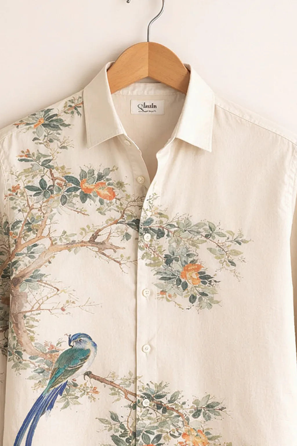 Oriental Bird & Floral Print Ivory Premium Shirt