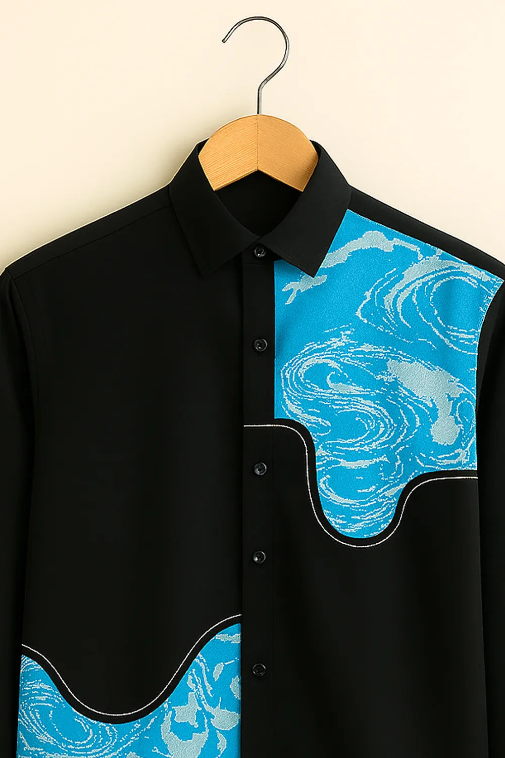 Men’s Artistic Wave Panel Black Shirt with Blue & Silver Abstract Design