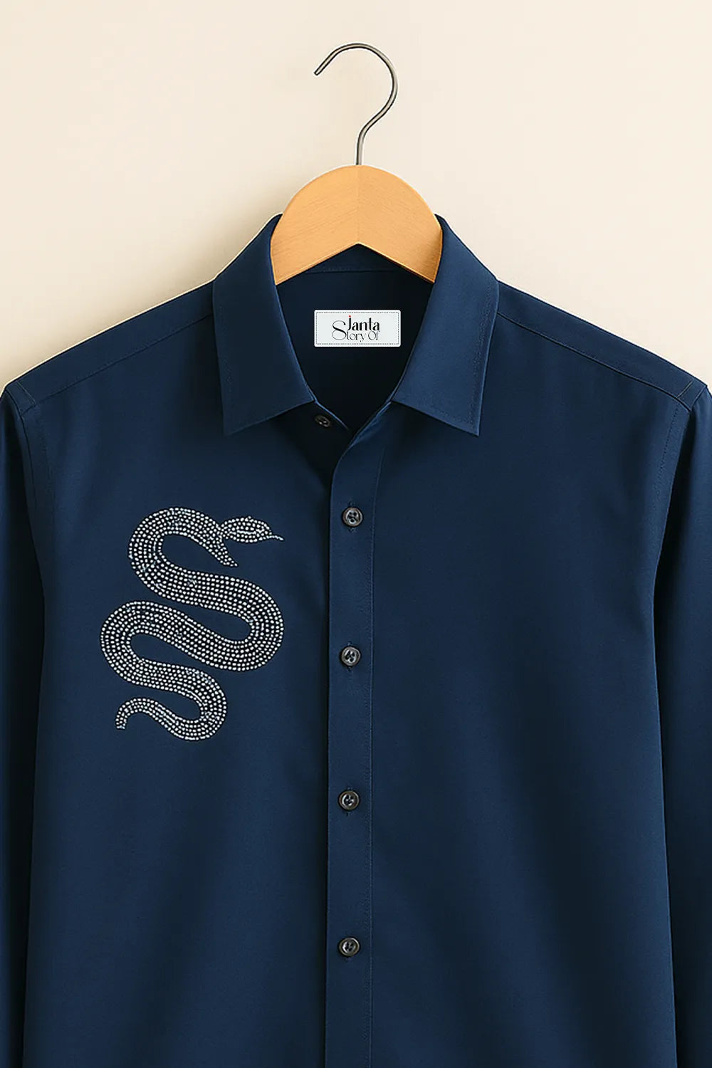 Men’s Midnight Navy Shirt with Striking Snake Embellishment