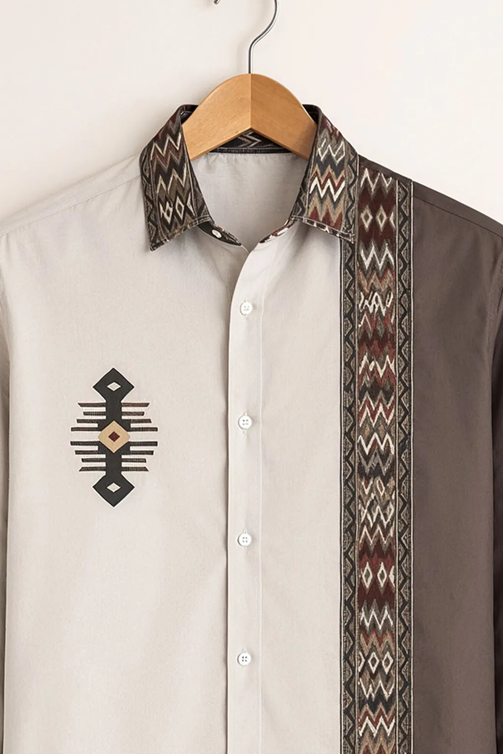 Men's Beige Brown Tribal Panel Shirt