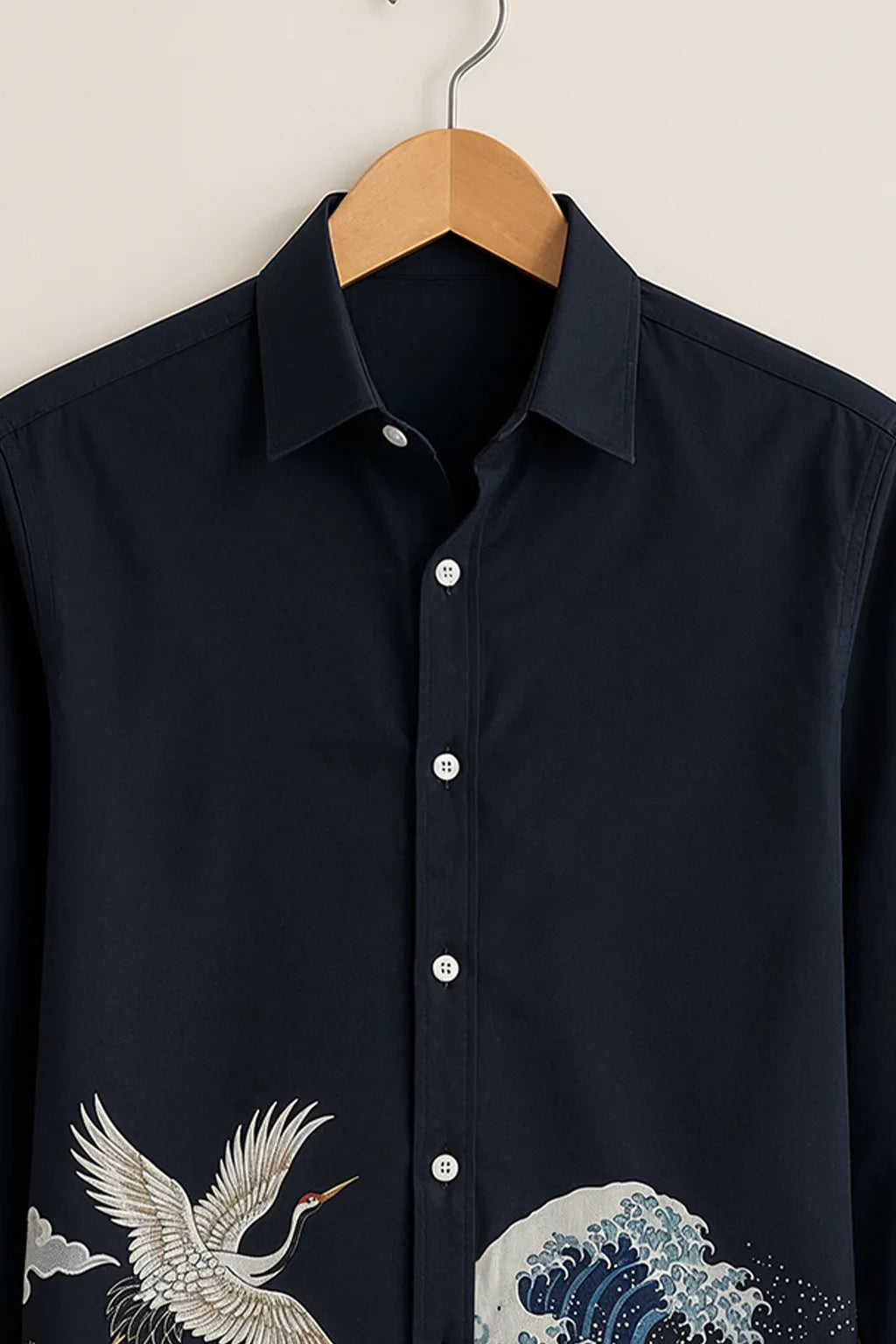 Men's Navy Japanese Wave & Crane Printed Shirt