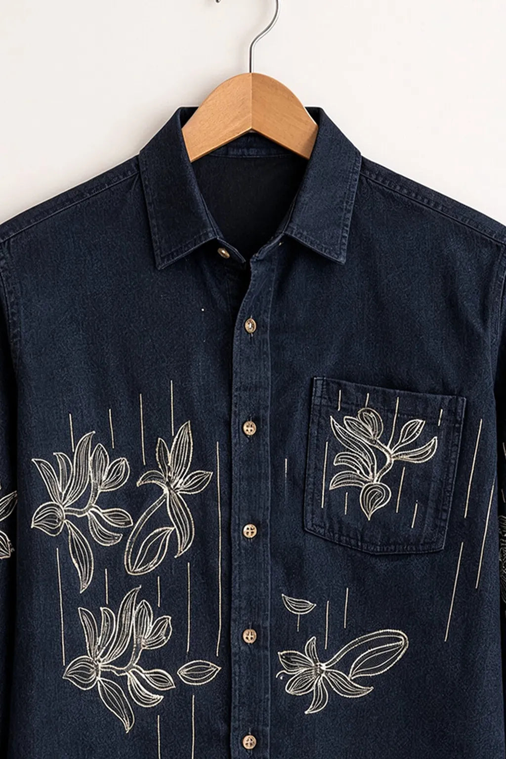 Dark Denim Floral Line Embroidery Shirt