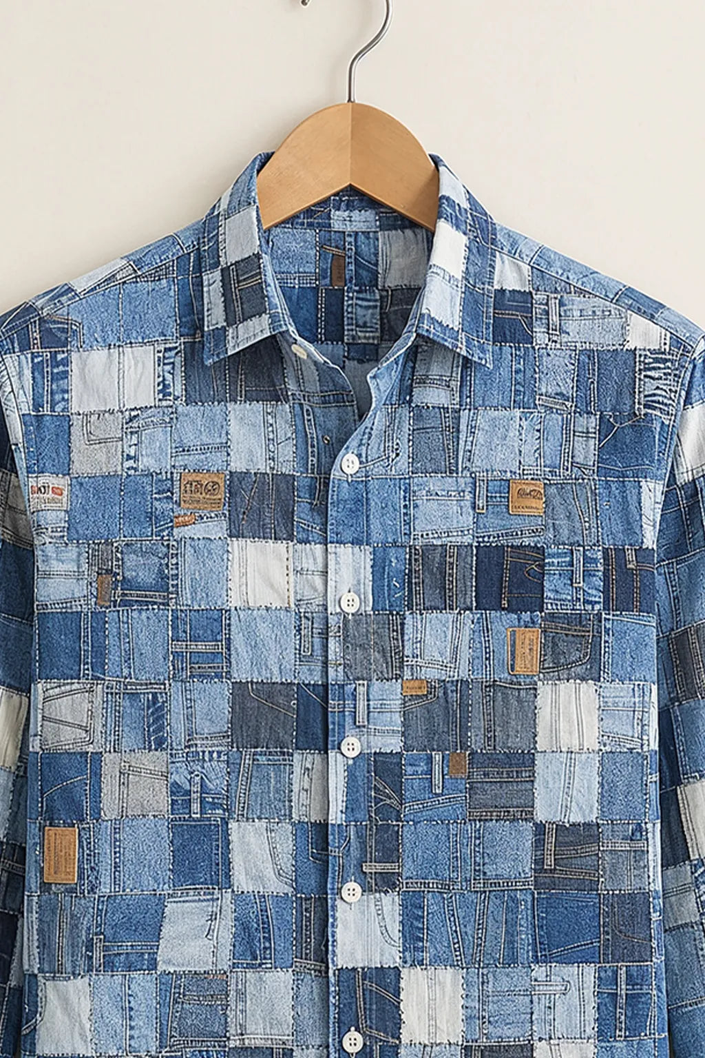 Men's Blue Denim Patchwork Printed Shirt