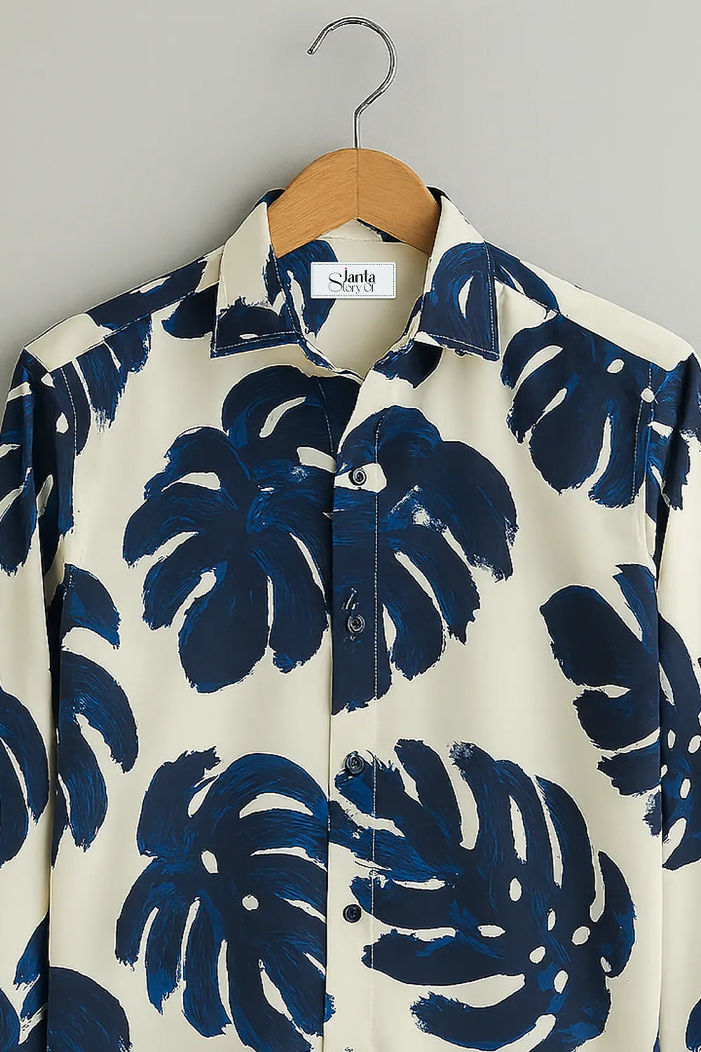 Tropical Navy Brushstroke Leaf Print Shirt Elegant Nature Inspired Design in Soft Cotton
