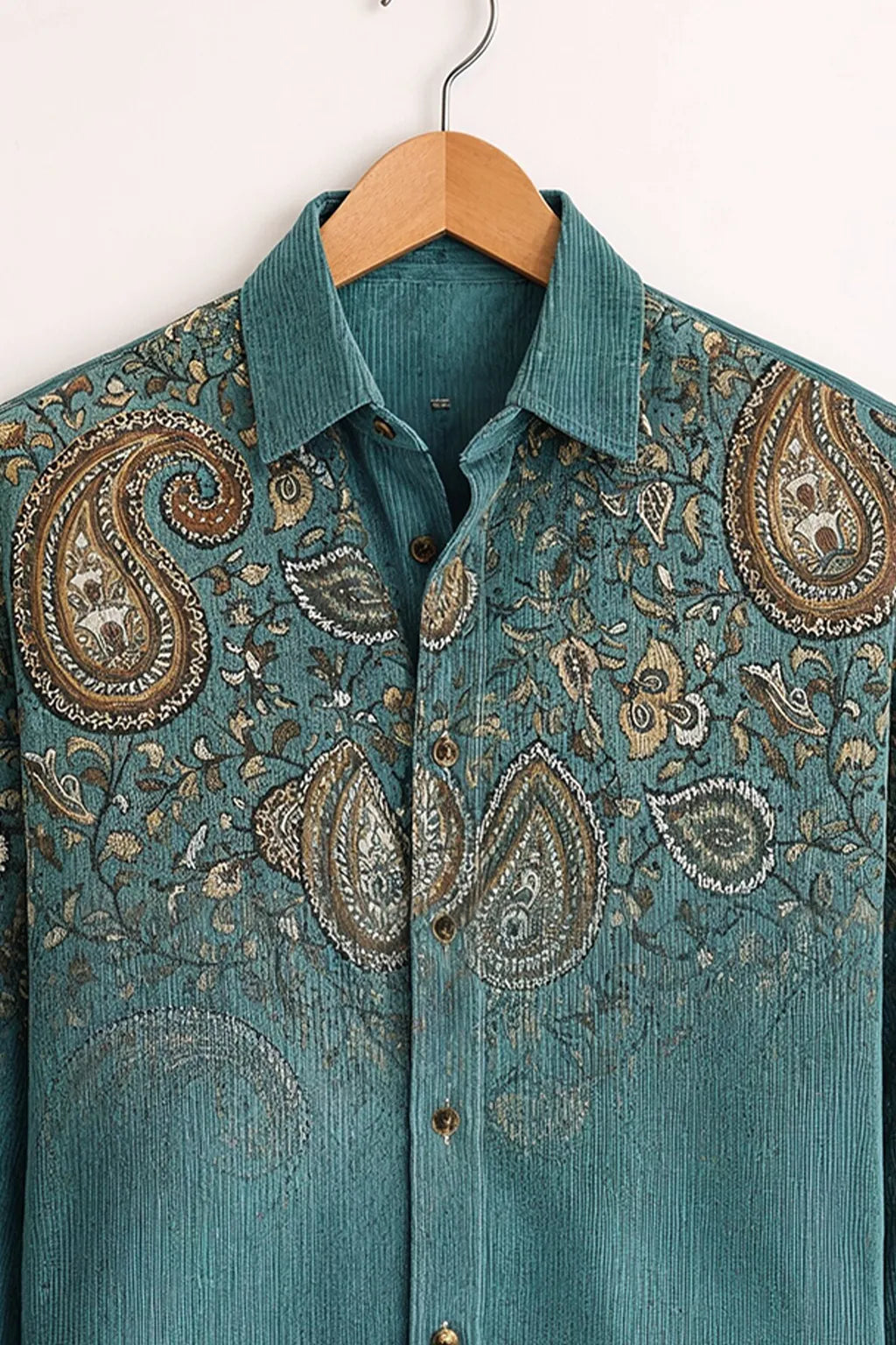 Men's Teal Paisley Embroidery Shirt