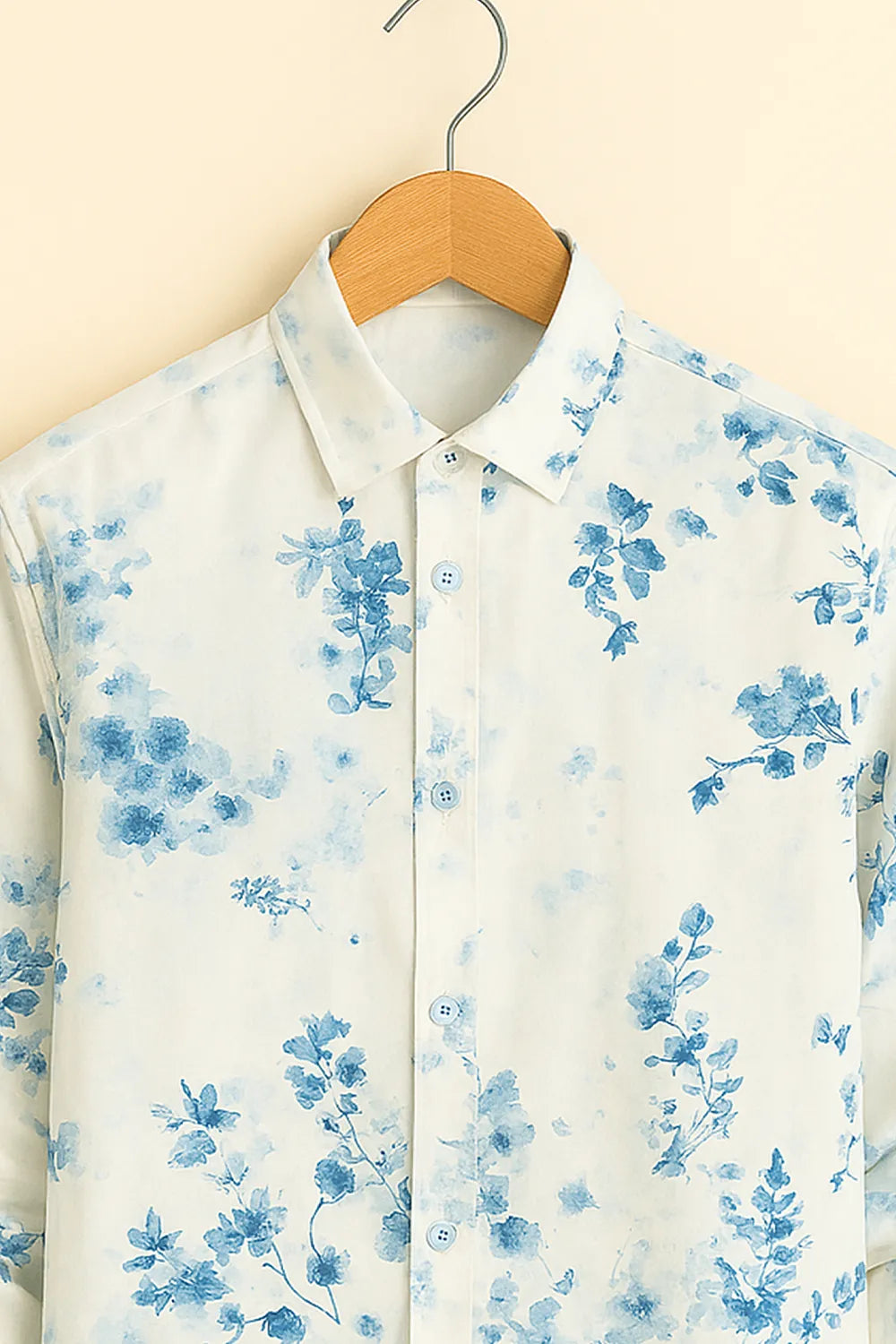 Men’s Serene Bloom Cotton Shirt – Sky Blue Floral on Ivory White