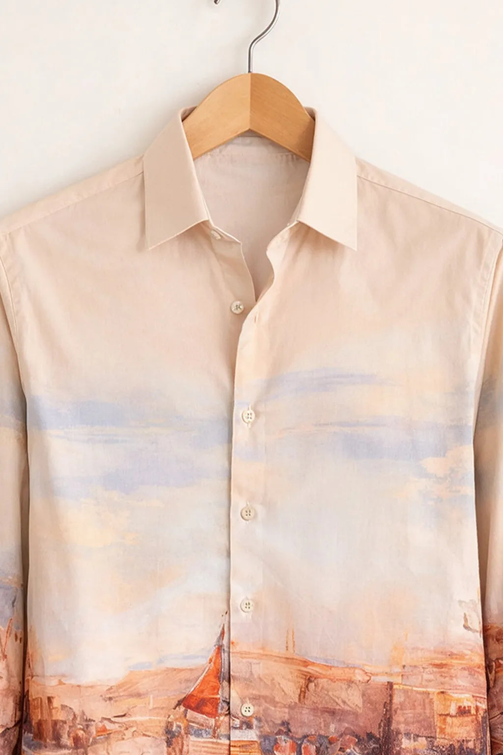 Beige Coastal Landscape Print Shirt