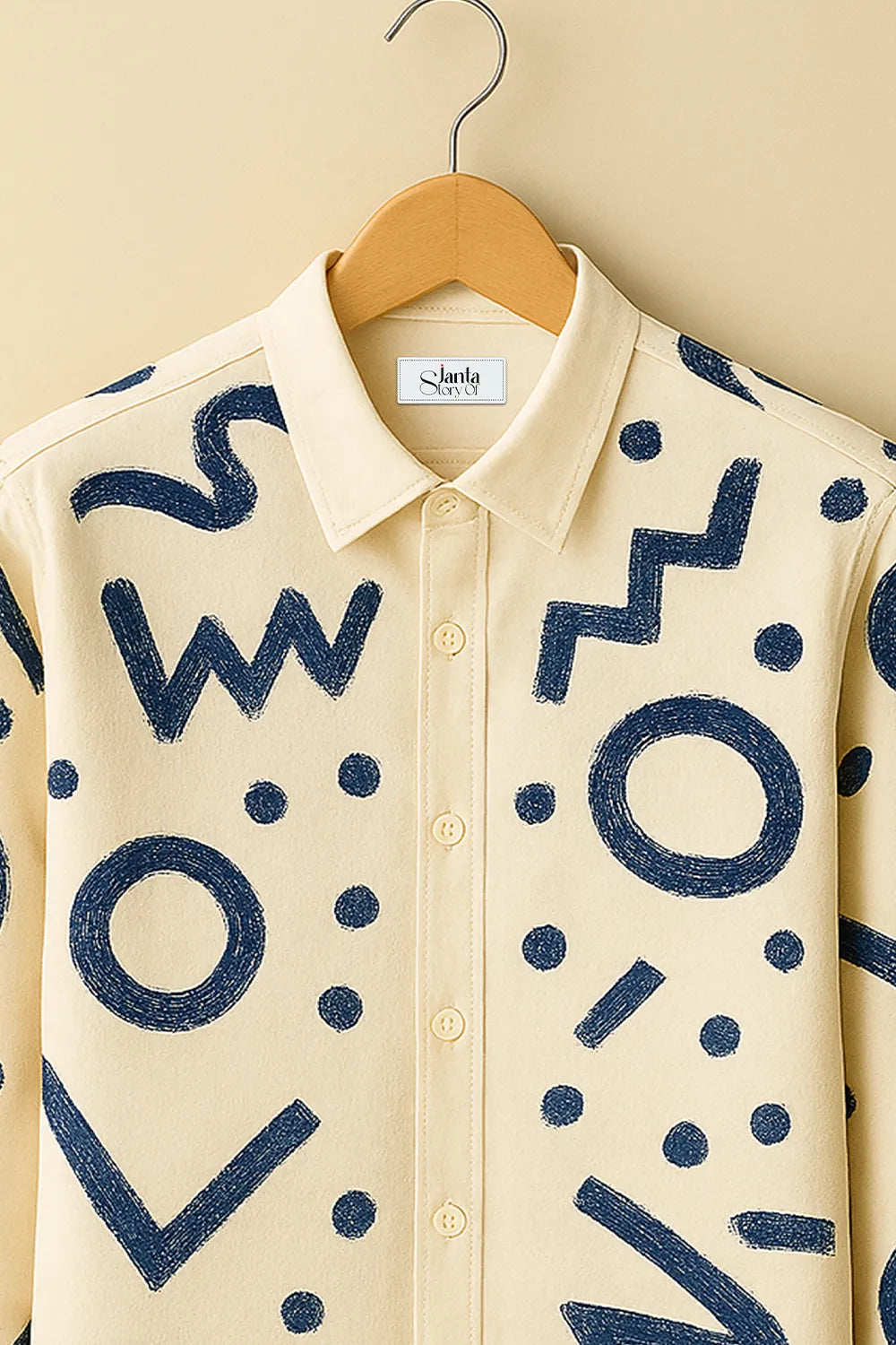 Men’s Beige Doodle with Bold Navy Abstract Pattern Printed Shirt