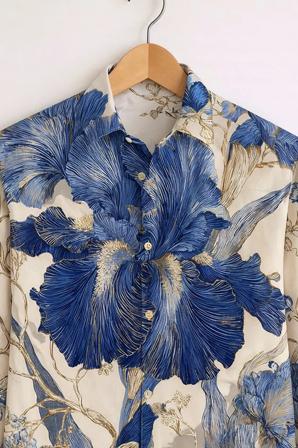 Royal Blue Floral Art Print Ivory Premium Shirt