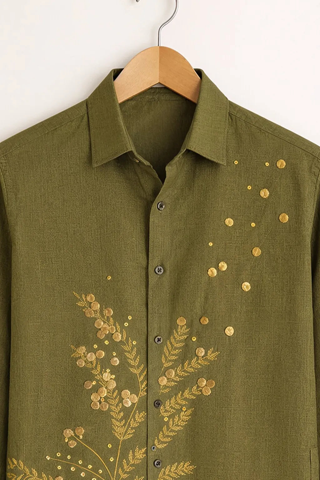 Men's Olive Gold Botanical Embroidery Shirt