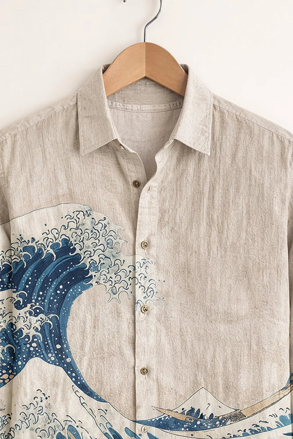 Men's Beige Japanese Wave Print Shirt