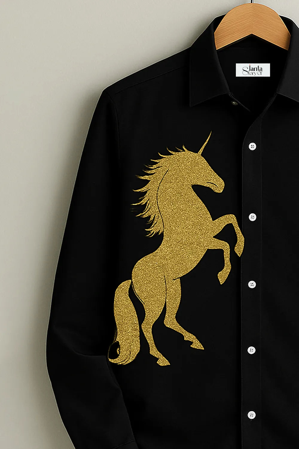 Men’s Luxe Black Shirt with Majestic Golden Unicorn Embroider
