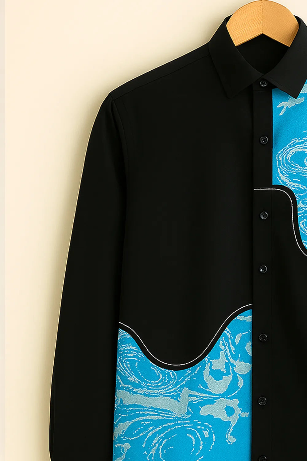 Men’s Artistic Wave Panel Black Shirt with Blue & Silver Abstract Design