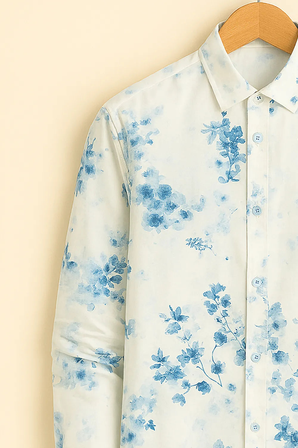 Men’s Serene Bloom Cotton Shirt – Sky Blue Floral on Ivory White