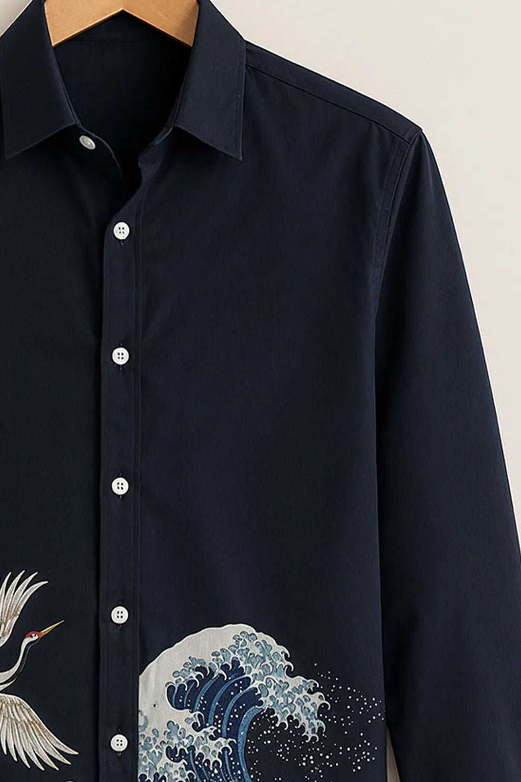Men's Navy Japanese Wave & Crane Printed Shirt