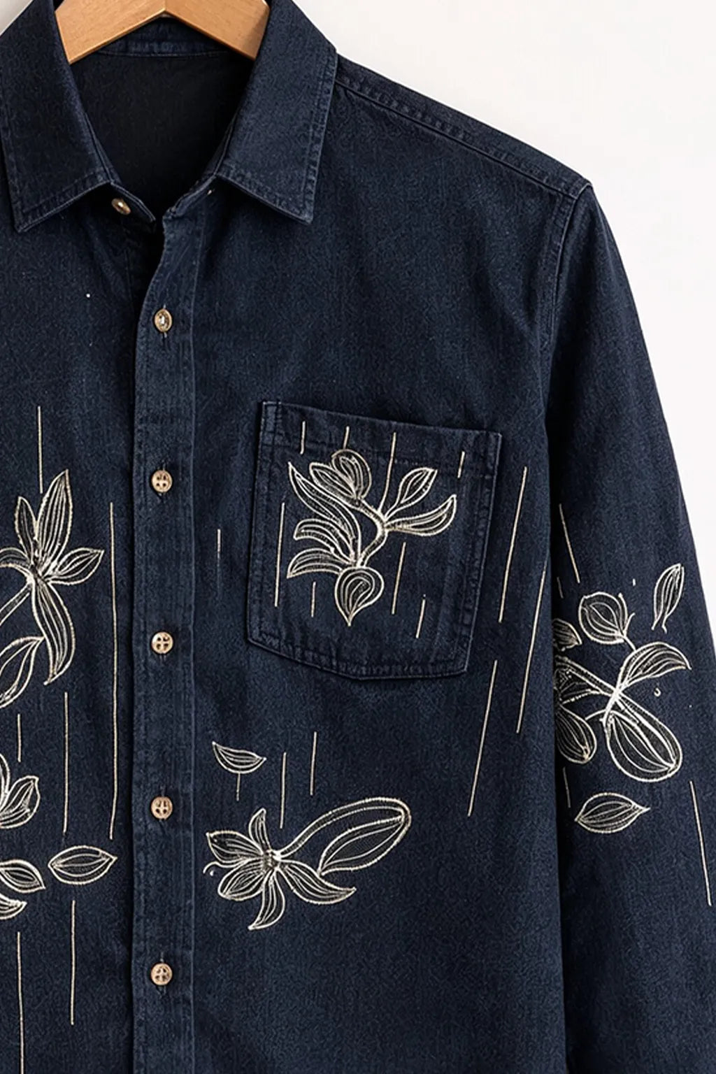 Dark Denim Floral Line Embroidery Shirt