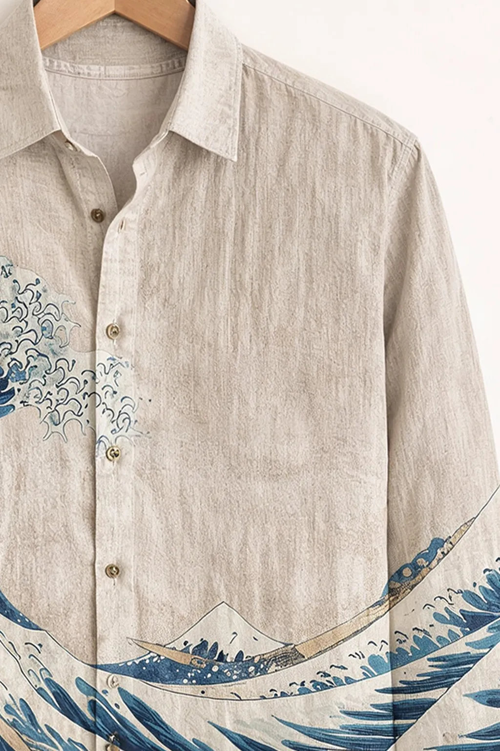Men's Beige Japanese Wave Print Shirt