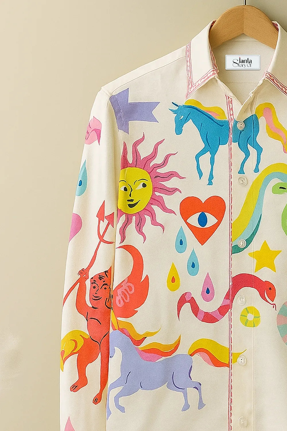 Men's Vibrant Artistic Expression Cotton Shirt with Mythical & Psychedelic Motifs