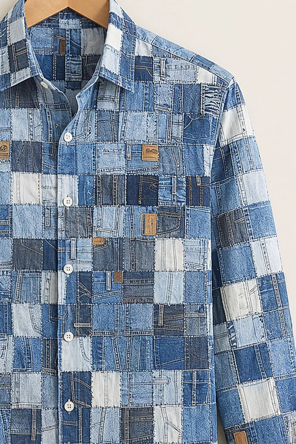 Men's Blue Denim Patchwork Printed Shirt