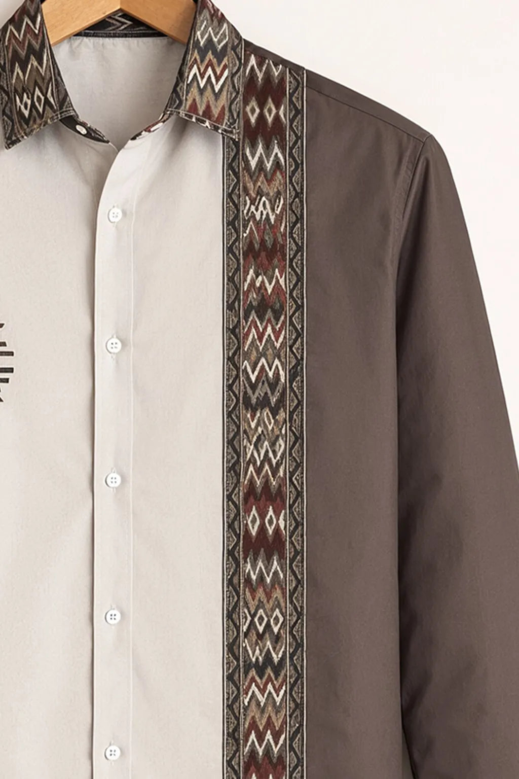 Men's Beige Brown Tribal Panel Shirt