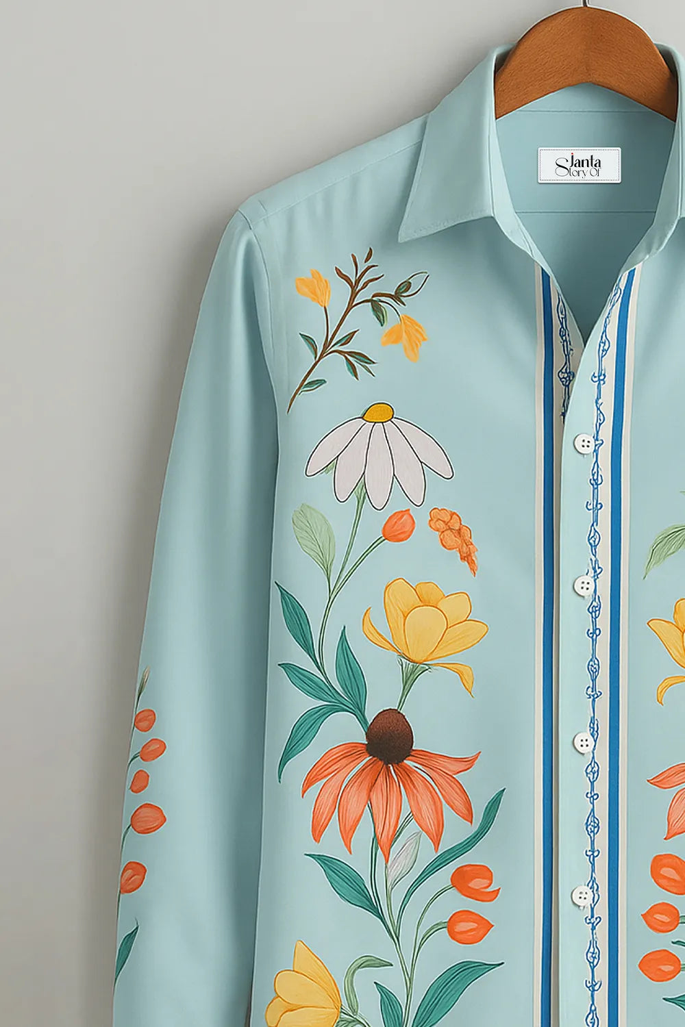 Men’s Boho Bloom Statement Shirt – Sky Blue Canvas with Bold Floral Artistry
