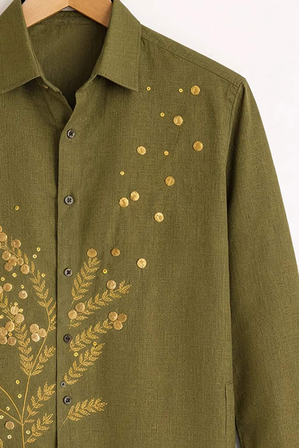 Men's Olive Gold Botanical Embroidery Shirt