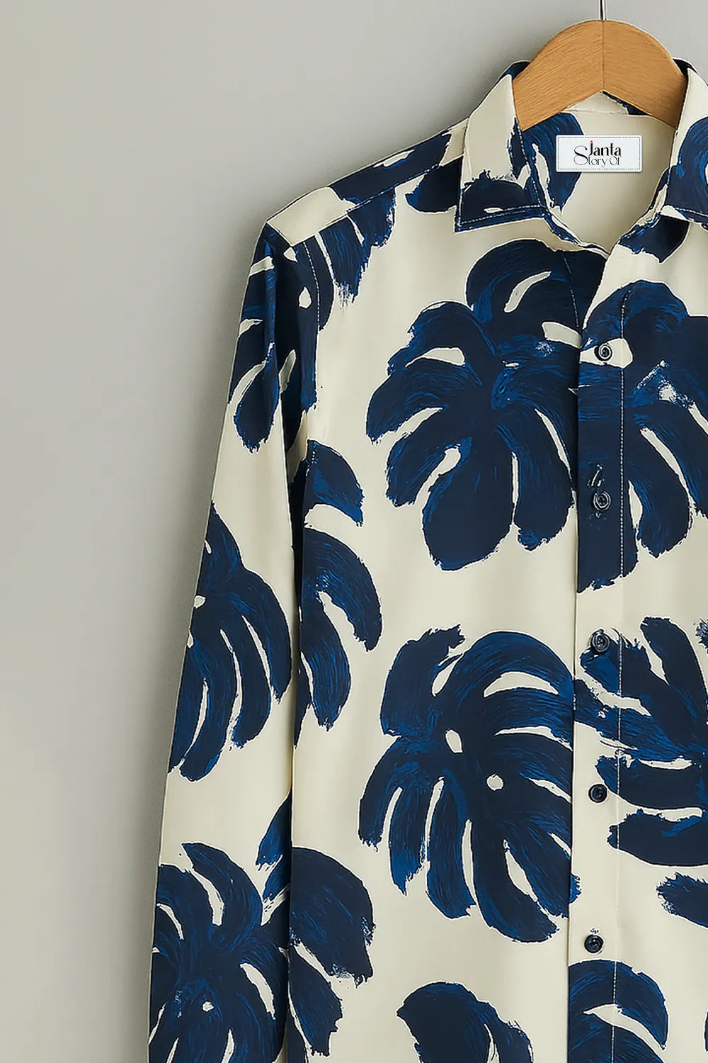Tropical Navy Brushstroke Leaf Print Shirt Elegant Nature Inspired Design in Soft Cotton