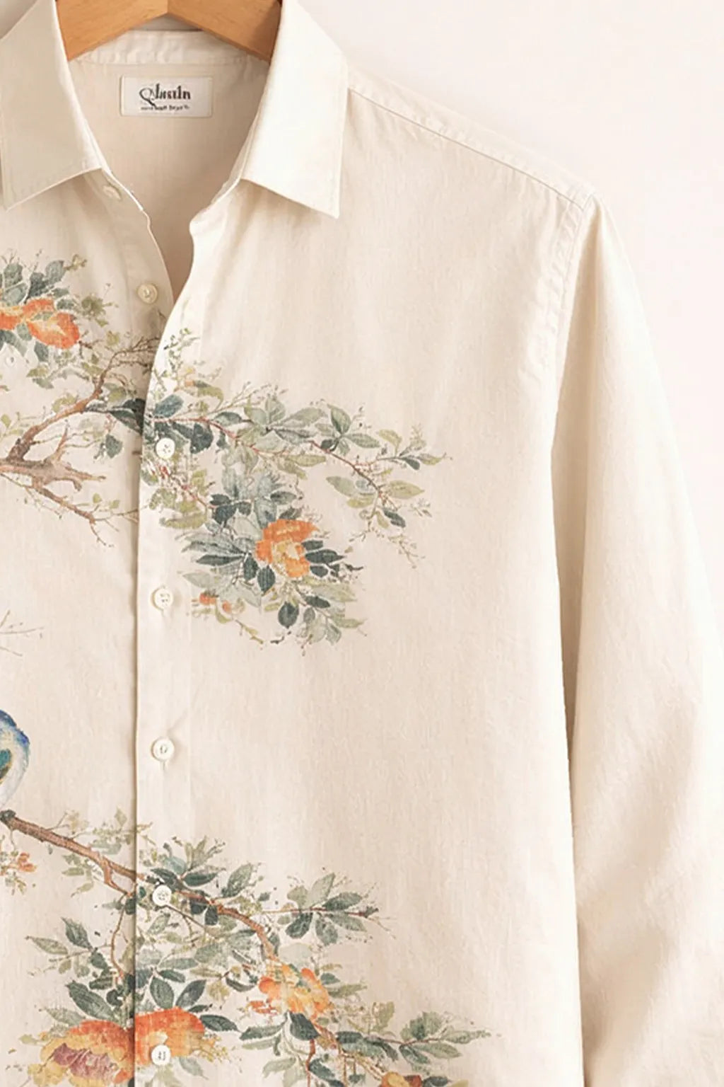 Oriental Bird & Floral Print Ivory Premium Shirt