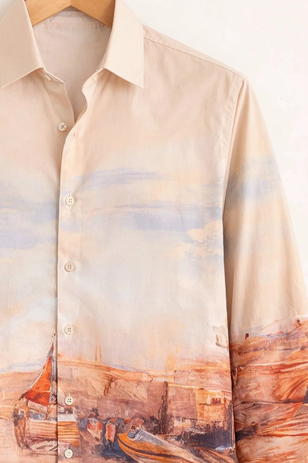 Beige Coastal Landscape Print Shirt