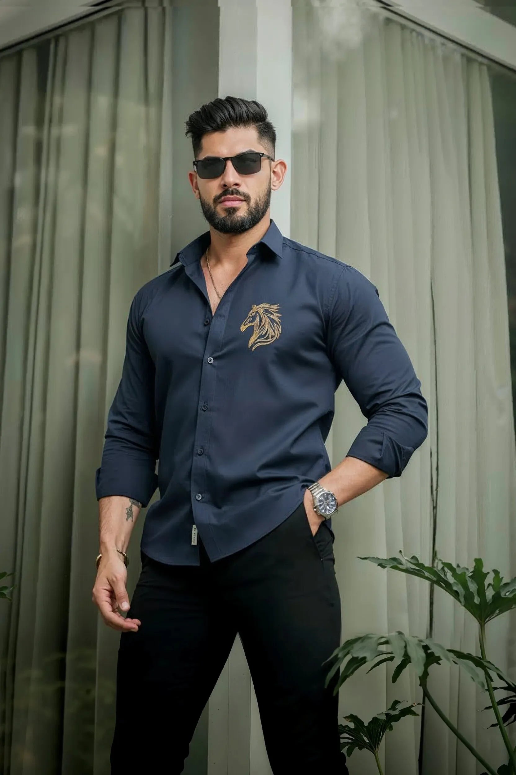 Blue Golden Horse Diamond Pattern with Embellished side Work