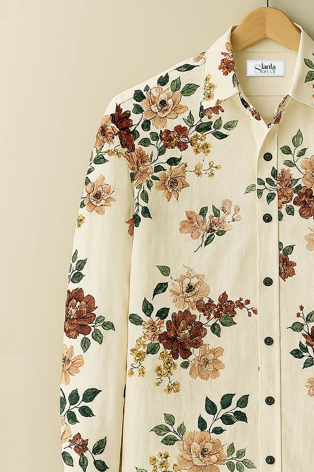 Vintage Blossom Cream Floral Shirt Elegant Cotton Shirt with Classic Botanical Print