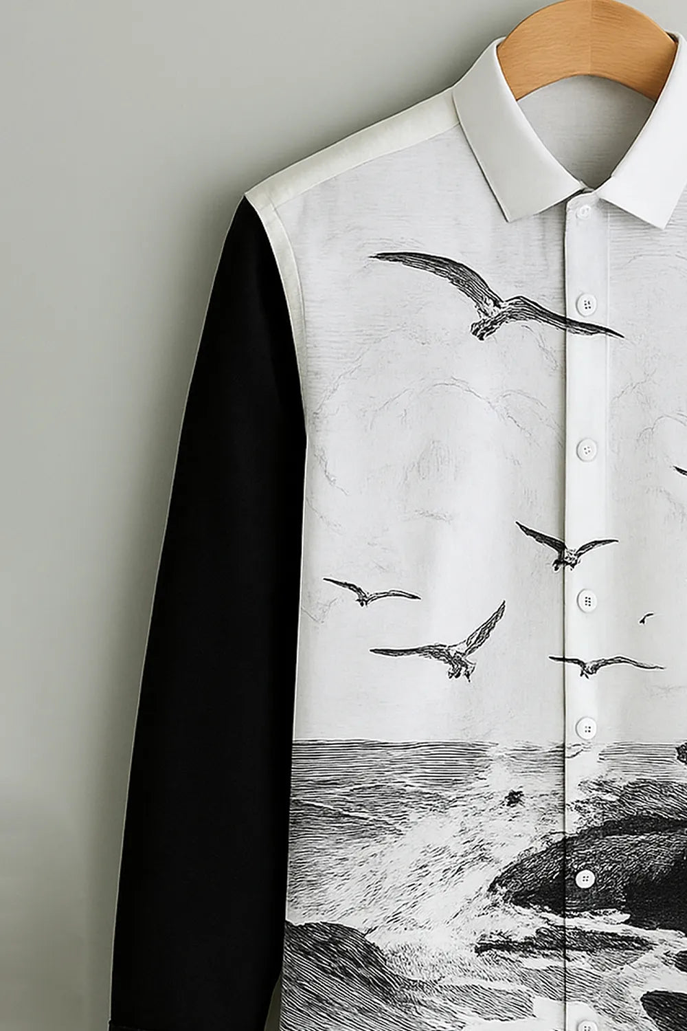 Men’s Black & White Shirt with Scenic Ocean and Seagull Art Print