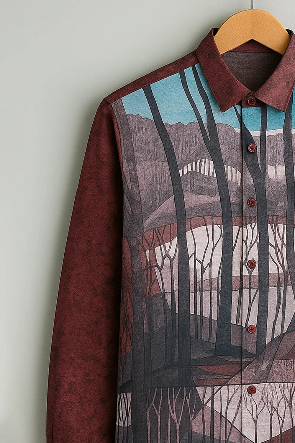 Men’s Burgundy Shirt with Artistic Forest Landscape Print