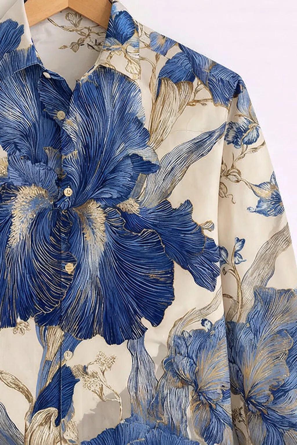 Royal Blue Floral Art Print Ivory Premium Shirt