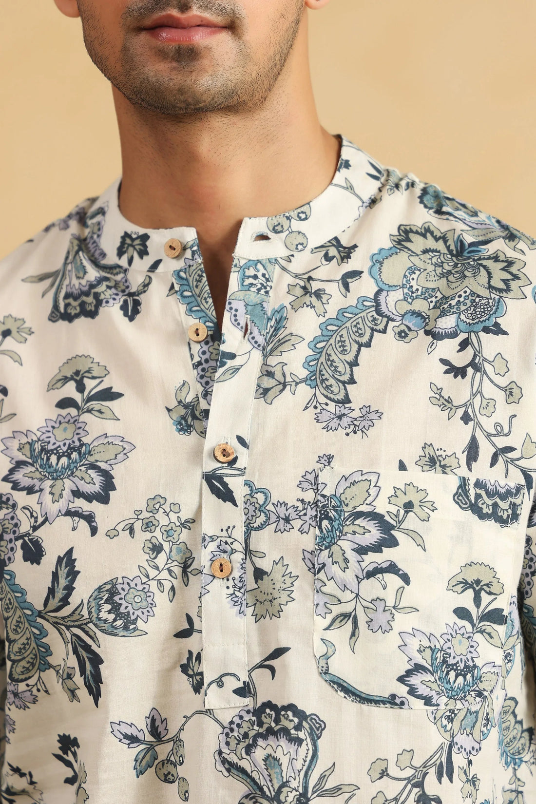 Ivory Blue Floral Printed Full Sleeve Shirt Short Kurta