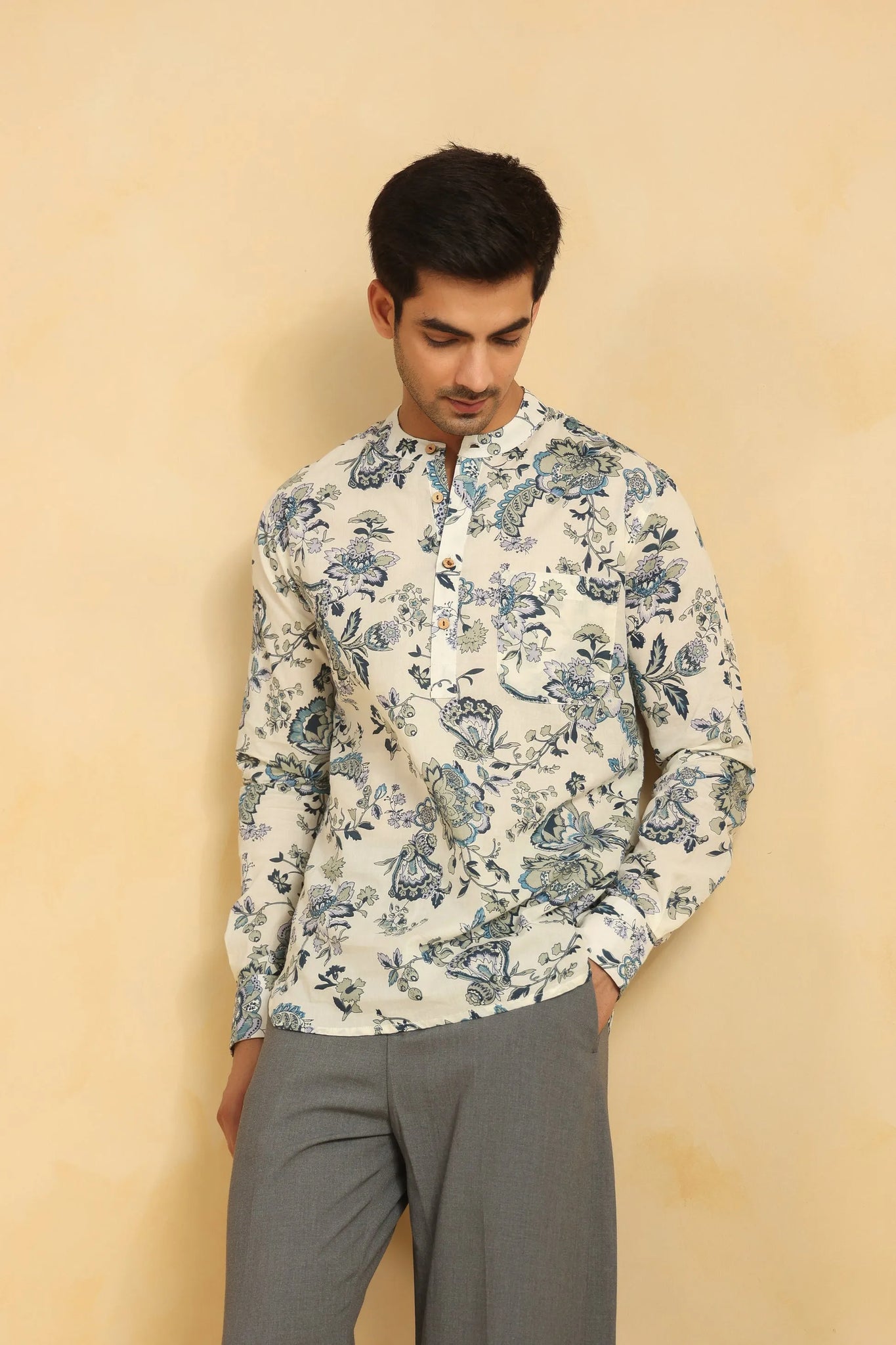 Ivory Blue Floral Printed Full Sleeve Shirt Short Kurta