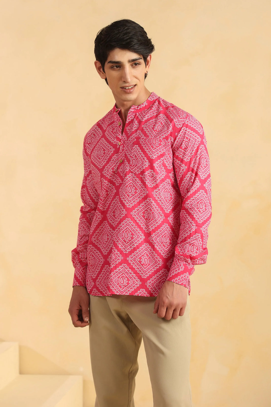 Pink Bandhani Printed Cotton Short Kurta
