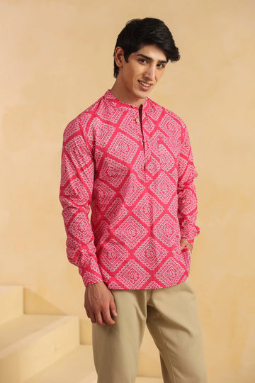 Pink Bandhani Printed Cotton Short Kurta