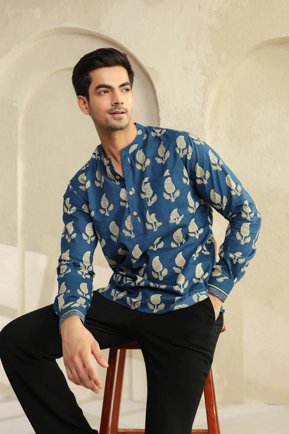 Blue Heritage Printed Full Sleeve Short Kurta