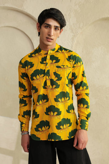 Yellow Bloom Printed Cotton Short Kurta