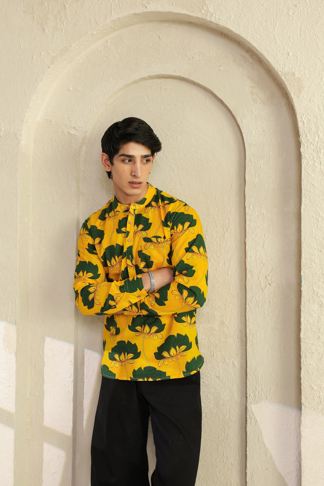 Yellow Bloom Printed Cotton Short Kurta