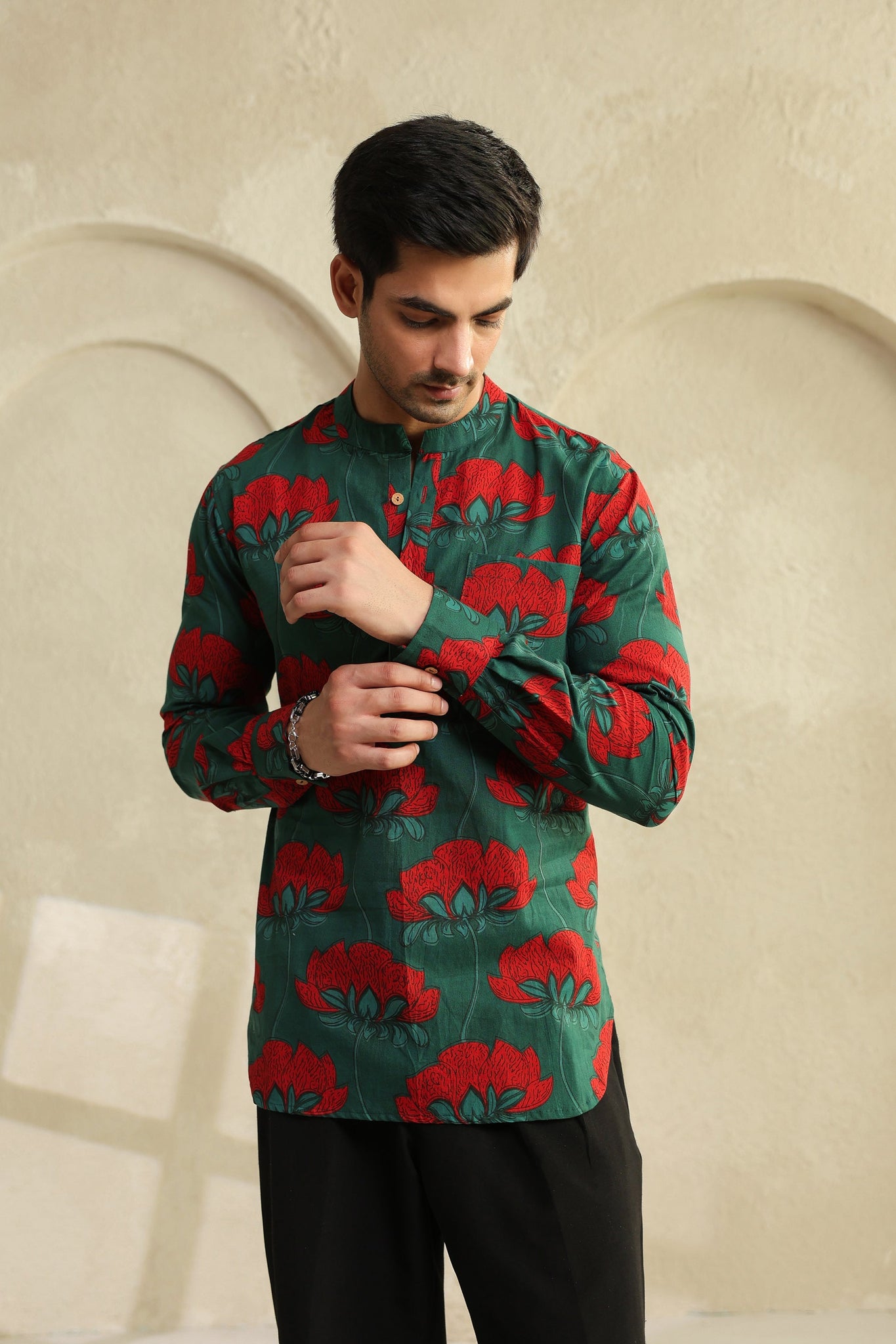 Teal Green Lotus Printed Full Sleeve Casual Short Kurta