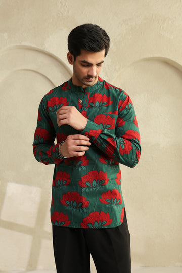 Teal Green Lotus Printed Full Sleeve Casual Short Kurta