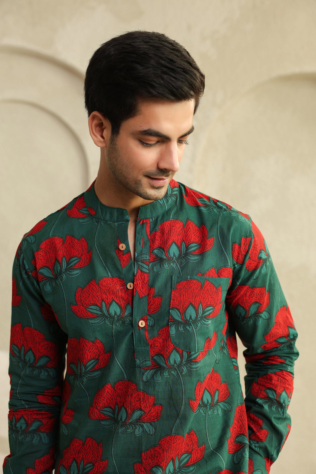 Teal Green Lotus Printed Full Sleeve Casual Short Kurta
