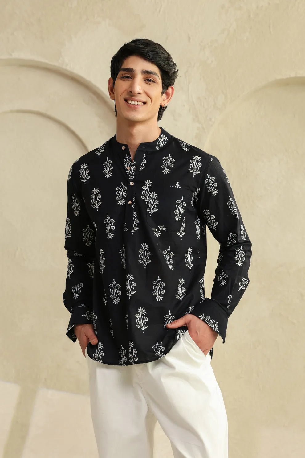 Black Floral Block Printed Full Sleeve Short Kurta