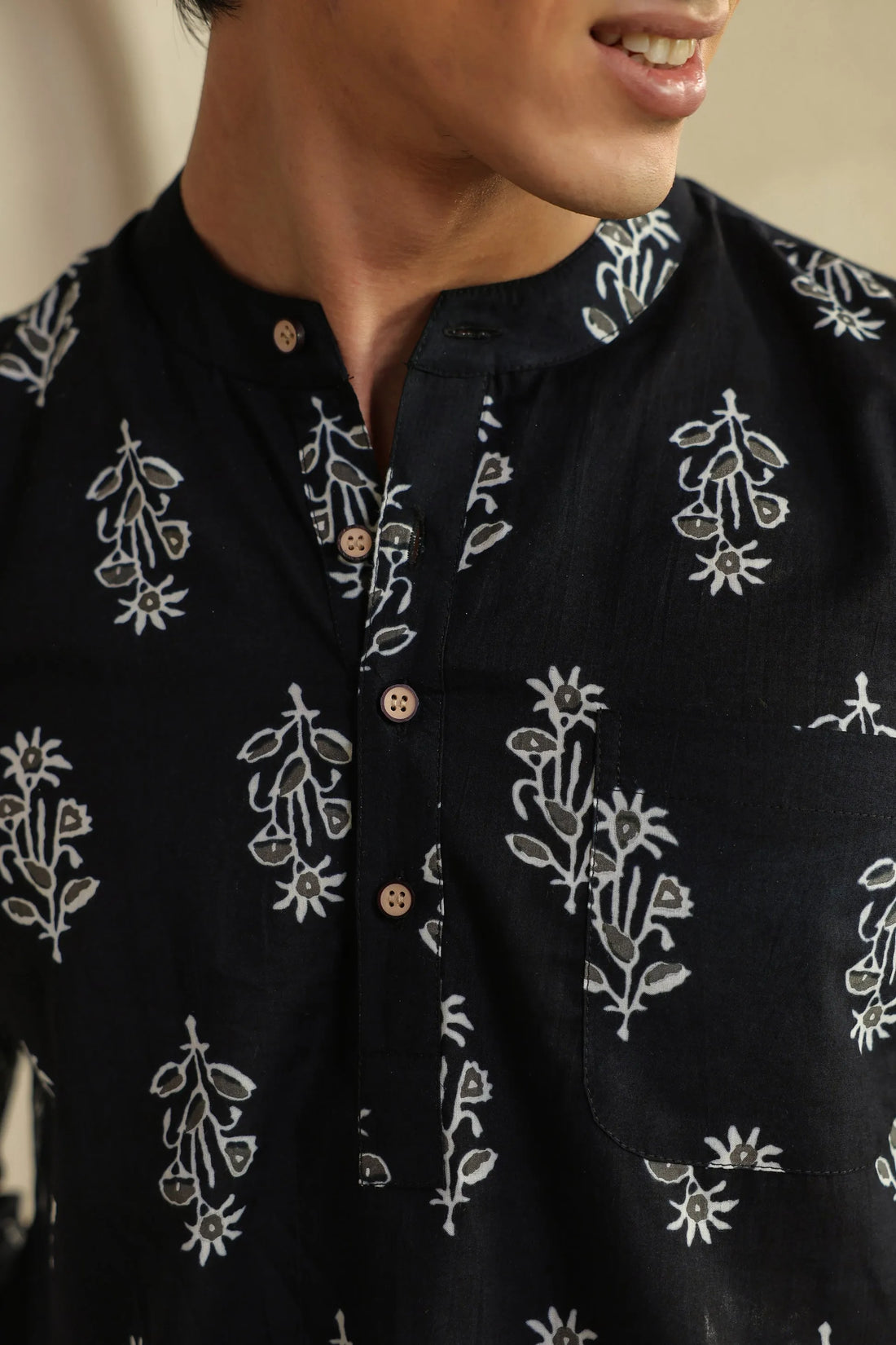 Black Floral Block Printed Full Sleeve Short Kurta