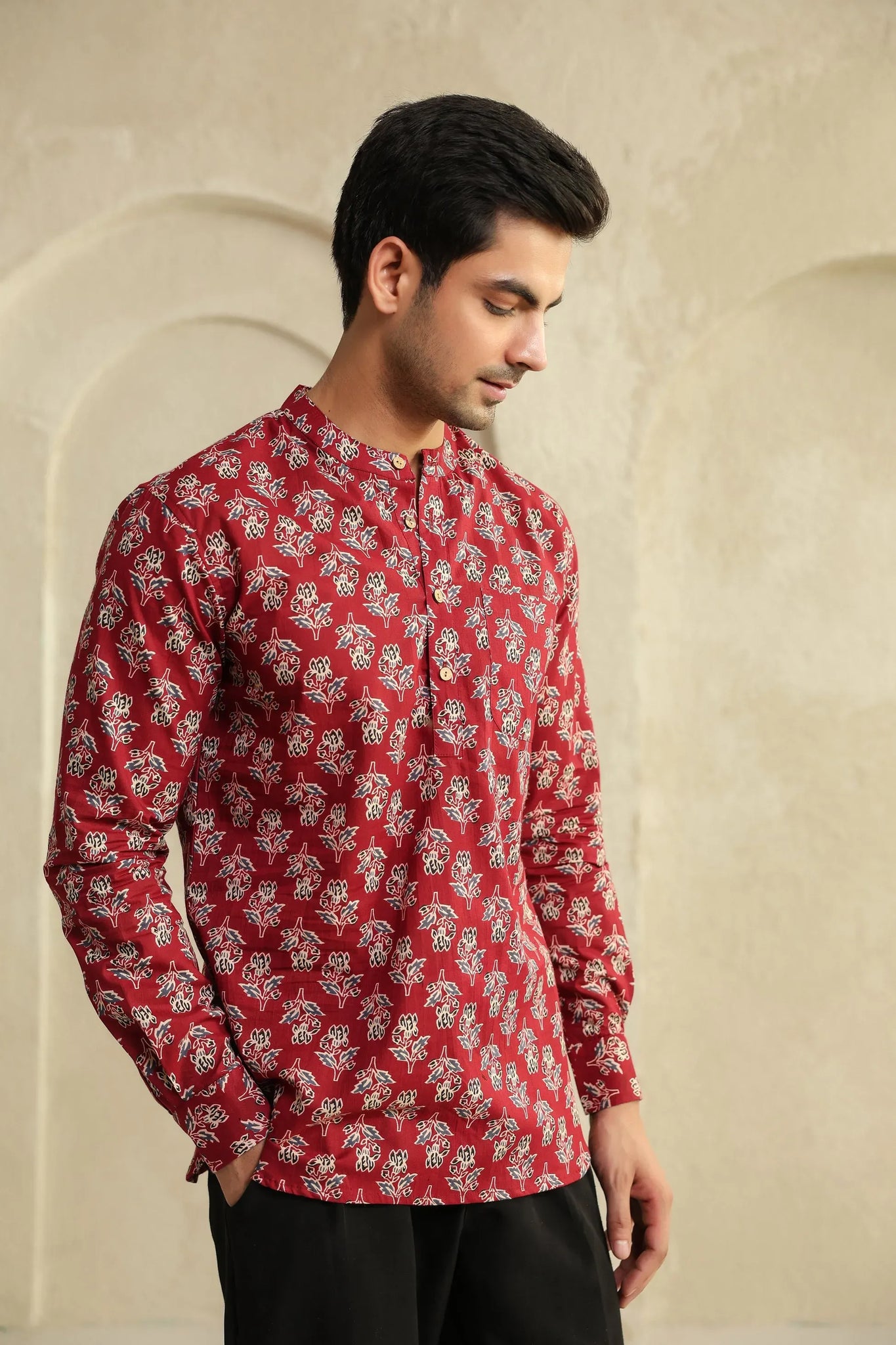 Crimson Bloom Printed Full Sleeve Shirt Short Kurta