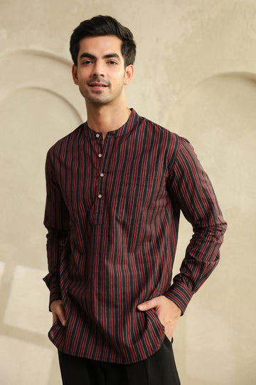 Rust Stripe Printed Full Sleeve Short Kurta